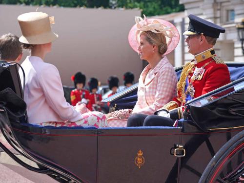 Britain's Prince Edward, Earl of Wessex (R), Britain's Sophie, Countess of Wessex (2nd R), Viscount Severn (L) and Britain's Lady Louise Windsor (2nd L) leave Buckingham Palace, on their way to the Queen's Birthday Parade, the Trooping the Colour, as part of Queen Elizabeth II's platinum jubilee celebrations, on June 2, 2022, in London. - Huge crowds converged on central London in bright sunshine on Thursday for the start of four days of public events to mark Queen Elizabeth II's historic Platinum Jubilee, in what could be the last major public event of her long reign. (Photo by Jonathan Brady / POOL / AFP)