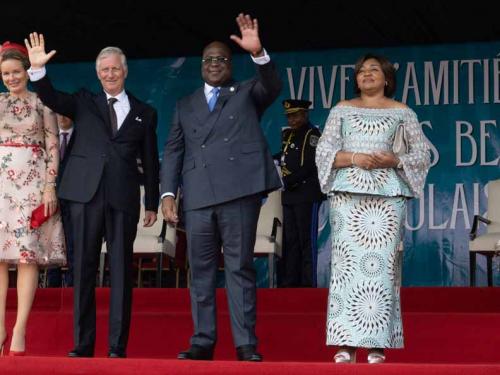 Queen Mathilde of Belgium, King Philippe - Filip of Belgium, DRC Congo President Felix Tshisekedi and DRC Congo First Lady Denise Nyakeru pictured after a ceremony at the Esplanade of the 'Palais du Peuple', in Kinshasa, during an official visit of the Belgian Royal couple to the Democratic Republic of Congo, Wednesday 08 June 2022. The Belgian King and Queen will be visiting Kinshasa, Lubumbashi and Bukavu from June 7th to June 13th. BELGA PHOTO BENOIT DOPPAGNE
