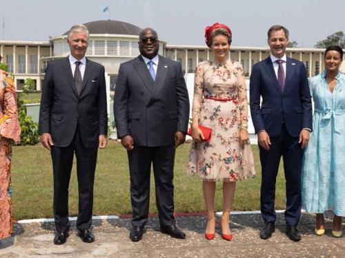 DRC Congo First Lady Denise Nyakeru, King Philippe - Filip of Belgium, DRC Congo President Felix Tshisekedi, Queen Mathilde of Belgium, Prime Minister Alexander De Croo, Minister for Development Cooperation Meryame Kitir and State Secretary for scientific policy Thomas Dermine pose for the photographers after a meeting at the Palais de la Nation, in Kinshasa, during an official visit of the Belgian Royal couple to the Democratic Republic of Congo, Wednesday 08 June 2022. The Belgian King and Queen will be visiting Kinshasa, Lubumbashi and Bukavu from June 7th to June 13th. BELGA PHOTO BENOIT DOPPAGNE