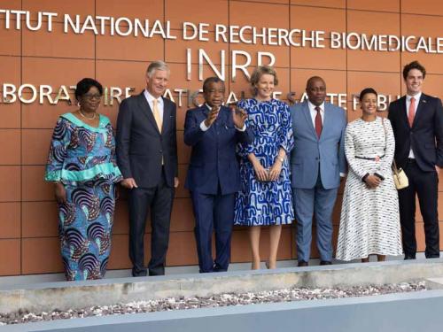 King Philippe - Filip of Belgium, Queen Mathilde of Belgium, Minister for Development Cooperation Meryame Kitir and State Secretary for scientific policy Thomas Dermine pose for photographers during a visit to the 'Institut National de Recherche Biomedicale' biomedical research facility, during an official visit of the Belgian Royal couple to the Democratic Republic of Congo, Thursday 09 June 2022, in Kinshasa. The Belgian King and Queen will be visiting Kinshasa, Lubumbashi and Bukavu from June 7th to June 13th. BELGA PHOTO BENOIT DOPPAGNE