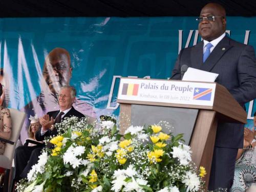 Queen Mathilde of Belgium, King Philippe - Filip of Belgium, DRC Congo President Felix Tshisekedi and DRC Congo First Lady Denise Nyakeru pictured during a ceremony at the Esplanade of the 'Palais du Peuple', in Kinshasa, during an official visit of the Belgian Royal couple to the Democratic Republic of Congo, Wednesday 08 June 2022. The Belgian King and Queen will be visiting Kinshasa, Lubumbashi and Bukavu from June 7th to June 13th. BELGA PHOTO POOL BENOIT DOPPAGNE