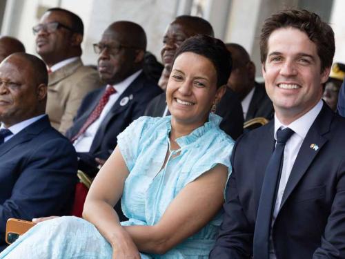 Minister for Development Cooperation Meryame Kitir and State Secretary for scientific policy Thomas Dermine pictured during a ceremony at the Esplanade of the 'Palais du Peuple', in Kinshasa, during an official visit of the Belgian Royal couple to the Democratic Republic of Congo, Wednesday 08 June 2022. The Belgian King and Queen will be visiting Kinshasa, Lubumbashi and Bukavu from June 7th to June 13th. BELGA PHOTO POOL BENOIT DOPPAGNE