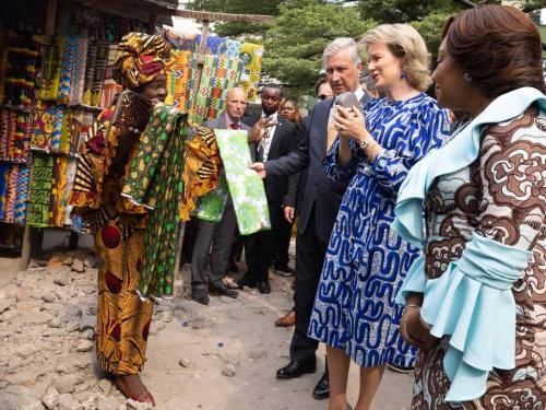 King Philippe - Filip of Belgium, Queen Mathilde of Belgium and DRC Congo First Lady Denise Nyakeru pictured during a meeting with the 'mamans' at the Beach Ngobila market, during an official visit of the Belgian Royal couple to the Democratic Republic of Congo, Thursday 09 June 2022, in Kinshasa. The Belgian King and Queen will be visiting Kinshasa, Lubumbashi and Bukavu from June 7th to June 13th. BELGA PHOTO BENOIT DOPPAGNE