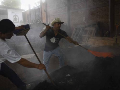 Workers cook agave pineapple at the Real Minero mezcal factory in Santa Catarina Minas, Oaxaca State, Mexico, on July 25, 2022. - Craft distillers fear mezcal will become victim of its own success. The fast-growing popularity of Tequila's lesser-known cousin is raising concerns about its sustainability as strong demand means that more land, water and firewood are needed to grow the agave plants and distill the smoky spirit. Faced with the boom, craft producers are committed to saving wild species by planting them and showcasing the artisanal process behind the liquor. (Photo by Pedro PARDO / AFP)