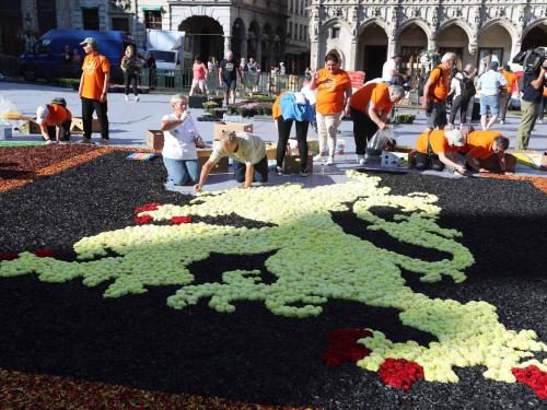The last hand is put to the 50th edition of the Flower Carpet at The Grand Place/Grote Markt of Brussels, before it's opening today, Friday 12 August 2022. The show last four days, from 12 to 15 August.
BELGA PHOTO NICOLAS MAETERLINCK