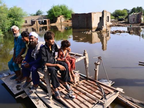 MATIARI, PAKISTAN - AUGUST 29: Pakistani flood victims are seen at a safer place surrounded by floodwater in Matiari, Sindh province, Pakistan on August 29, 2022. (Photo by Shakeel Ahmad/Anadolu Agency via Getty Images)