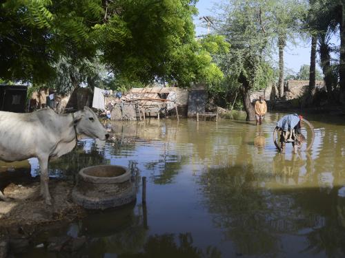 In this picture taken on August 28, 2022, 80-year-old Ghulam Rasool wades through floodwaters near his house on the outskirts of Sukkur, Sindh province. - The death toll from monsoon flooding in Pakistan since June has reached 1,061, according to figures released on August 29, 2022, by the country's National Disaster Management Authority. (Photo by Asif HASSAN / AFP)