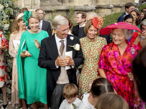 King Filip, Queen Mathilde, Crown Princess Elisabeth, Prince Emmanuel and Princess Eleonore of Belgium and Countess Anne Marie d'Udekem d'Acoz leave at the Eglise Saint-Michel in Pont-l Eveque, on September 03, 2022, after the wedding of Count Charles Henri d'Udekem d'Acoz and Countess Caroline Philippe d'Udekem d'Acoz Photo: Albert Nieboer / Netherlands OUT / Point de Vue OUT