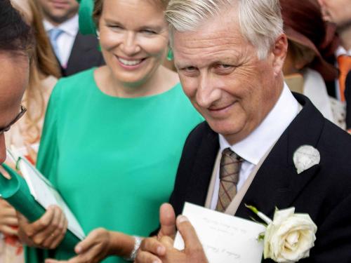 03-08-2022 Marriage Wedding of Count Charles-Henri d Udekem d Acoz, the younger brother of the Belgium Queen, and Caroline Philippe at Pont-L Eveque in France.Queen Mathilde and King Filip, PhilippePrincess Elisabeth © ddp images/PPE/Nieboer Point de Vue out