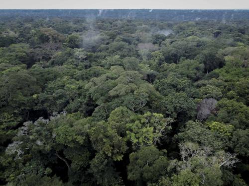 This aerial view shows trees in the Yangambi forest, 100 km from the city of Kisangani, in the province of Tshopo, northeast of the Democratic Republic of Congo on September 2, 2022. (Photo by Guerchom Ndebo / AFP)