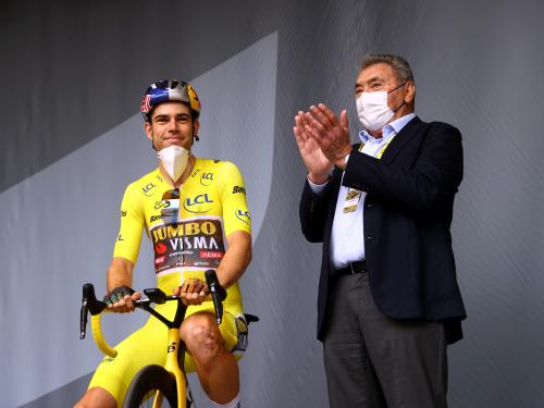 LONGWY, FRANCE - JULY 07: (L-R) Wout Van Aert of Belgium and Team Jumbo - Visma Yellow Leader Jersey and Eddy Merckx of Belgium ex-pro rider prior to the 109th Tour de France 2022, Stage 6 a 219,9km stage from Binche to Longwy 377m / #TDF2022 / #WorldTour / on July 07, 2022 in Longwy, France. (Photo by Michael Steele/Getty Images)