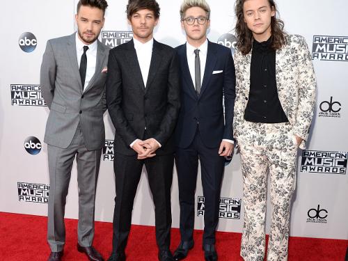 Harry Styles, toen nog als lid van boyband One Direction, volledig in Gucci tijdens de American Music Awards in 2015 (© Kevin Mazur/AMA2015/WireImage)