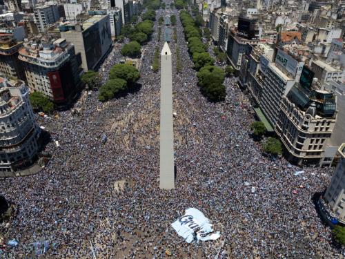 BUENOS AIRES - ARGENTINA, DECEMBER 20: An aerial view of the area as Argentinians celebrating their nationâs third World Cup victory, in the capital Buenos Aires, Argentina on December 20, 2022. On Sunday, Messi-led Argentina beat France 4-2 on penalties in Qatar to bag the nation's third FIFA World Cup title. (Photo by Martin Viene/Anadolu Agency via Getty Images)