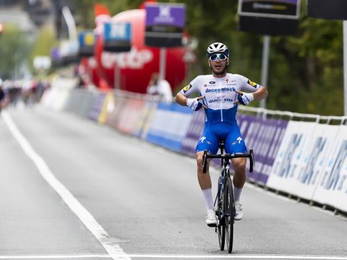 Deceuninck - Quick-Step French rider Florian Senechal celebrates after winning the 60th edition of the Druivenkoers cycling race, 192.2 km from Overijse to Overijse, on August 29, 2020. (Photo by KRISTOF VAN ACCOM / BELGA / AFP) / Belgium OUT (Photo by KRISTOF VAN ACCOM/BELGA/AFP via Getty Images)