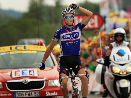 STATION DES ROUSSES, FRANCE - JULY 10:  France's Sylvain Chavanel with team Quick Step wins the 165.5km stage seven of the Tour de France July 10, 2010 in Station Des Rousses, France. The route, which began in Tournus, finished in the Jura mountains and featured the first category two climbs of the Tour. Chavanel has also recaptured the yellow jersey. The iconic bicycle race will include a total of 20 stages and will cover 3,642km before concluding in Paris on July 25.    (Photo by Spencer Platt/Getty Images)