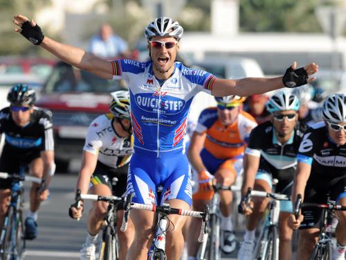 Quickstep Cycling Team rider Tom Boonen of Belgium celebrates on the finish line to win the first stage held over 145km from Dukhan to Al Khor Corniche in the 2011 Tour of Qatar cycling race on February 7 , 2011. AFP PHOTO / PASCAL GUYOT (Photo credit should read PASCAL GUYOT/AFP via Getty Images)