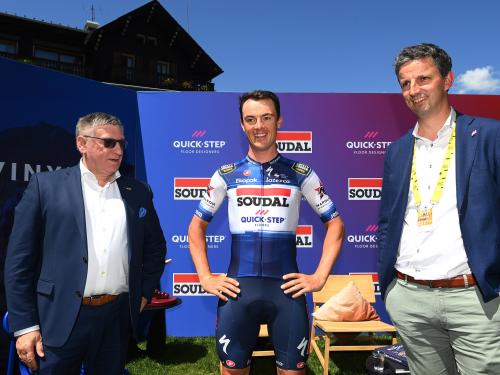 MORZINE, FRANCE - JULY 11: (L-R) Dirk Coorevits of Belgium CEO of Soudal, Yves Lampaert of Belgium and Quick-Step - Alpha Vinyl Team (with the new kit co-sponsored by Soudal brand for the 2023 season) and Ruben Desmet of Belgium President of Unilin flooring during the Quick-Step Alpha Vinyl Team - Soudal - Press Conference in the Rest Day 2 of the 109th Tour de France 2022 / #TDF2022 / #WorldTour / on July 11, 2022 in Morzine, France. (Photo by Tim de Waele/Getty Images)