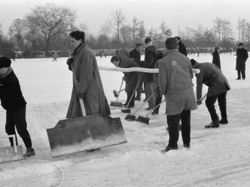 Schaatsen op het domein Vijvershof te Sint-Michiels in 1963. Vóór het schaatsplezier kan beginnen, moet eerst de sneeuw geruimd van de bevroren vijver.