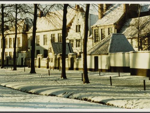 De noordelijke rij huizen van het Brugse begijnhof in de sneeuw. Deze huizen kregen in 1937-39 een voortuintje dat van het plein gescheiden werd met een muur met korfboogpoortjes. In deze muur zien we ook het kleine huisje gebruikt als duiventil.