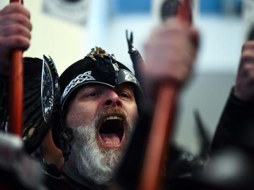 Members of the Up Helly Aa 'Jarl Squad' prepare to parade through the streets of in Lerwick, Shetland Islands on January 31, 2023 before the Up Helly Aa festival later in the day. - Up Helly Aa celebrates the influence of the Scandinavian Vikings in the Shetland Islands and culminates with up to 1,000 'guizers' (men in costume) throwing flaming torches into their Viking longboat and setting it alight later in the evening. (Photo by Andy Buchanan / AFP)