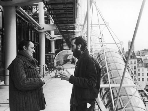 Richard Rodgers, British architect, and Renzo Piano, Italian architect, on the construction site of the Centre Georges Pompidou. Paris, on January 19, 1977.(Photo by Jean Pierre Couderc /  Roger Viollet via Getty Images)