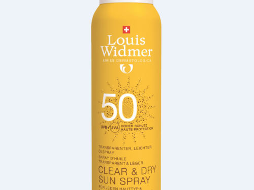 Clear & Dry Sun Spray SPF 50, Louis Widmer, 26,90 euros les 200 ml.