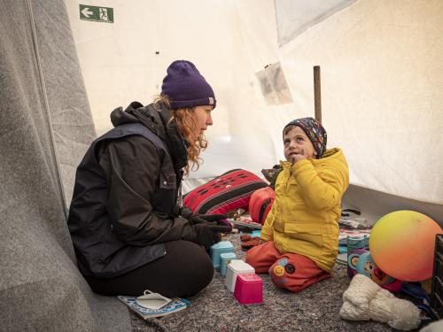 20230215 - TURKEY , ANTAKYA: Illustration picture shows the Medical Mobile unit during the earthquake in Antakya in Turkey. Ayse  Calayit, 29 years, Psychologist, meet  Seuf Umut, 3,5 years old, in a tent at Harbiye. February 15th, 2023 © OLIVIER PAPEGNIES