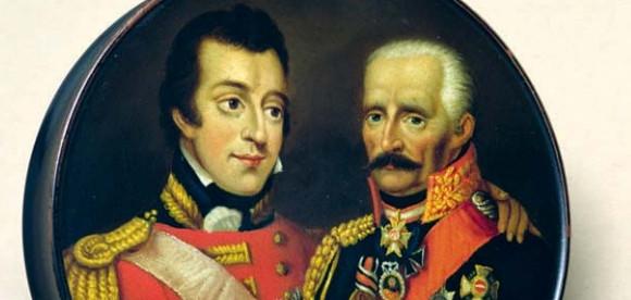 Snuifdoos met de beeltenis van de Britse hertog van Wellington en de Pruisische veldmaarschalk von Blücher. Beide veteranen sloegen de handen in elkaar en brachten Napoleon zijn definitieve nederlaag toe.