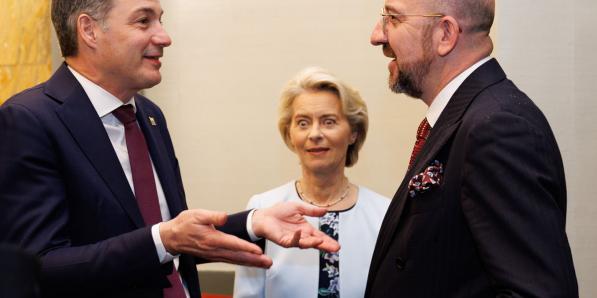 Prime Minister Alexander De Croo, European Commission president Ursula Von der Leyen and European Council President Charles Michel pictured at the opening event of the Belgian Presidency of the Council of the European Union in honor of the King and Queen, in Bozar, Friday 05 January 2024.