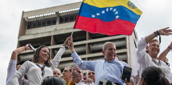 De leiders van de oppositie, Maria Corina Machado en Edmundo Gonzalez op een optocht als protest tegen de uitslag van de verkiezingen in Venezuela. Foto 30 juli 2024.