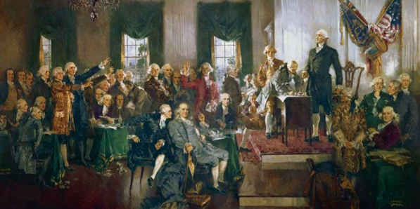 Een schilderij met daarop de uitbeelding van de ondertekening van de Amerikaanse grondwet.
