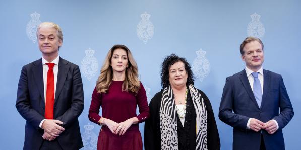 Geert Wilders (PVV), Dilan Yesilgoz (VVD), Caroline van der Plas (BBB) en Pieter Omtzigt (NSC)