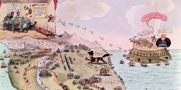 Karikatuur over het congres van Wenen (zie bovenaan links) en de aankomst van Napoleon met zijn kleine troepenmacht op het Franse vasteland (midden).