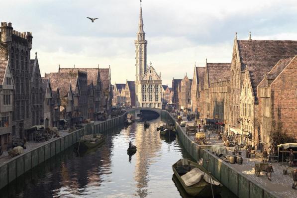 De huidige Spinolarei en Spiegelrei en het Jan Van Eyckplein in Brugge: in de Middeleeuwen een centrum van gonzende bedrijvigheid.© Westtoer
