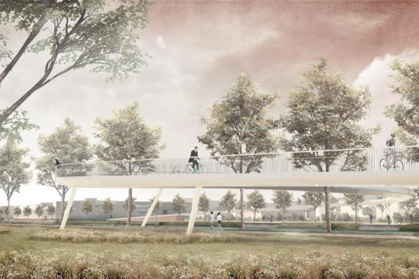 De S-vormige stalen brug met een lengte van 62 meter zal steunen op eenvoudige schuine palen.© GF