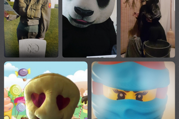 De kinderen moeten raden welke leerkrachten er schuilen achter de maskers van Hartjesemoticon, Soldaat, Panda, Heks en Blauwe Ninja. (Foto TOGH)