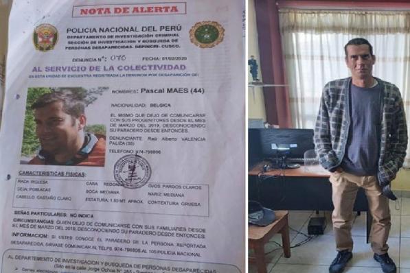 Het opsporingsbericht van Pascal Maes en de man zelf, zoals hij werd aangetroffen.© Policía Nacional Peru