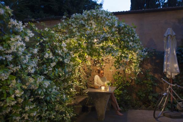 Woman sitting under star jasmine pergola at dusk, enjoying her book and glass of wine