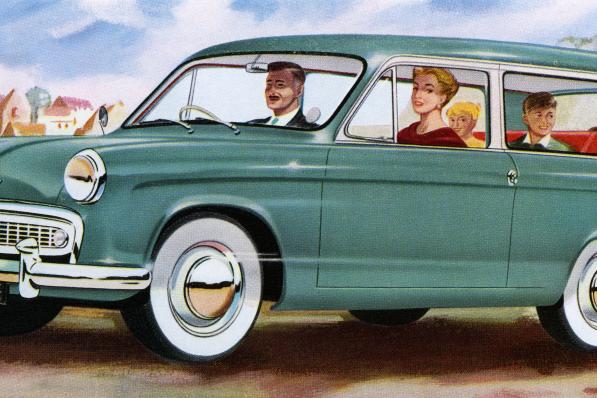 Vintage illustration of a family of four on a drive in the country in their station wagon, 1950s. Screen print. (Illustration by GraphicaArtis/Getty Images)
