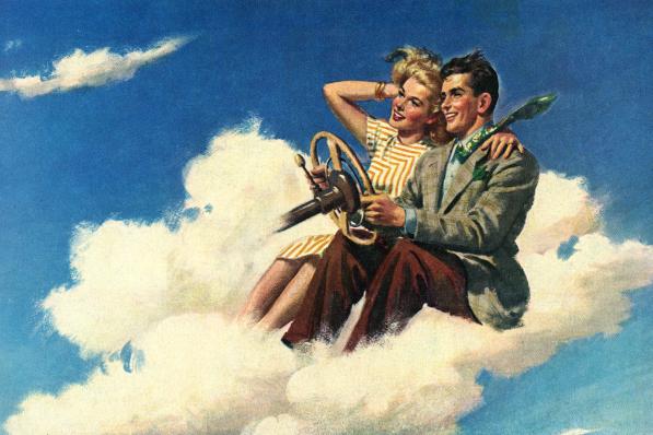 Illustration of a happy young couple driving a car made of clouds, 1950s. Screen print. (Illustration by GraphicaArtis/Getty Images)