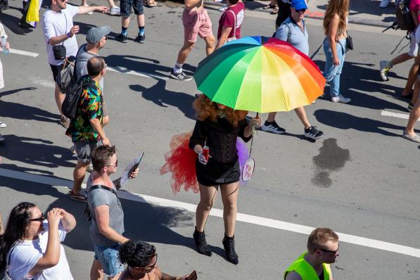 Illustration picture shows a rainbow coloured umbrella during the 2022 edition of the 'Antwerp Pride' Parade, part of the Antwerp Pride 2022 festivities that celebrate and support the lesbian, gay, bisexual and transgender oriented people and their allies, Saturday 13 August 2022 in Antwerpen. BELGA PHOTO NICOLAS MAETERLINCK (Photo by NICOLAS MAETERLINCK / BELGA MAG / Belga via AFP) (Photo by NICOLAS MAETERLINCK/BELGA MAG/AFP via Getty Images)