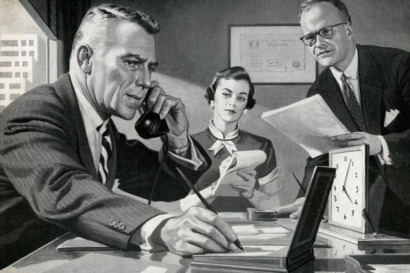 Vintage illustration of a busy boss on the phone at his desk, with his secretary and an employee (screen print), 1954.(Photo by GraphicaArtis/Getty Images)