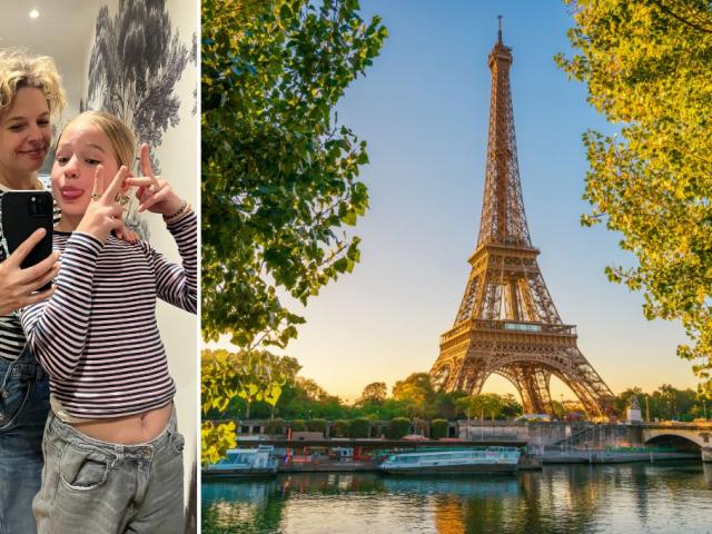 Links een foto van Libelle-redactrice Annelies Dyck met haar tienerdochter in Parijs. Rechts een foto van de Eiffeltoren in Parijs.