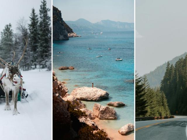 De beste bestemmingen voor 2026 volgens Lonely Planet, binnen en buiten Europa. Op de foto: Lapland, Sardinië en British Columbia.