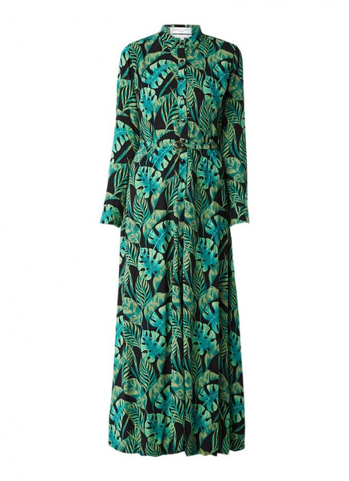 Maxi-jurk met ceintuur en palmbladeren