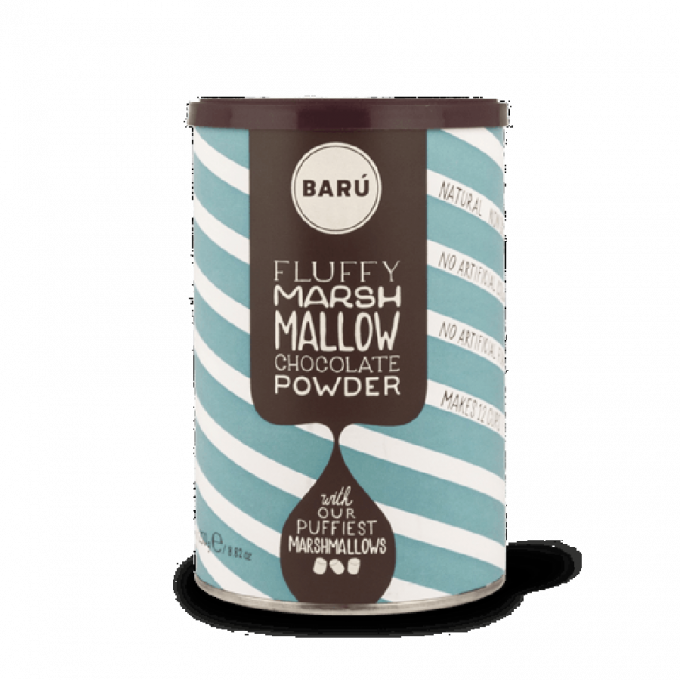 Fluffy marshmallow chocolate powder van Barú (ook andere smaken verkrijgbaar zoals salty caramel chocolate powder en peppermint chocolate powder)