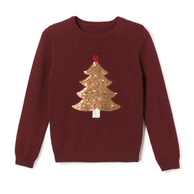 Bordeaux trui met gouden kerstboom voor meisjes