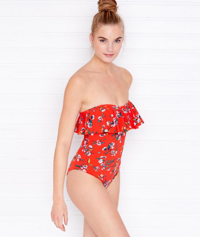 Maillot une pièce bustier et volanté à imprimé fleuri