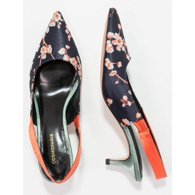 Slingback bleu nuit et orange, motif fleur de cerisier