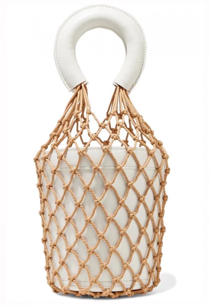 Macramé en wit lederen bucket bag